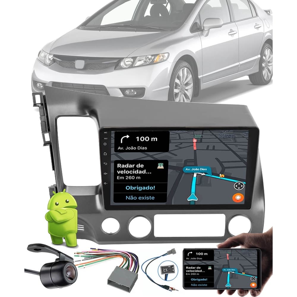 Multimídia 10 Polegadas Civic 2006 até 2011 Android Bluetooth Espelhamento + Câmera de Ré + Chicotes