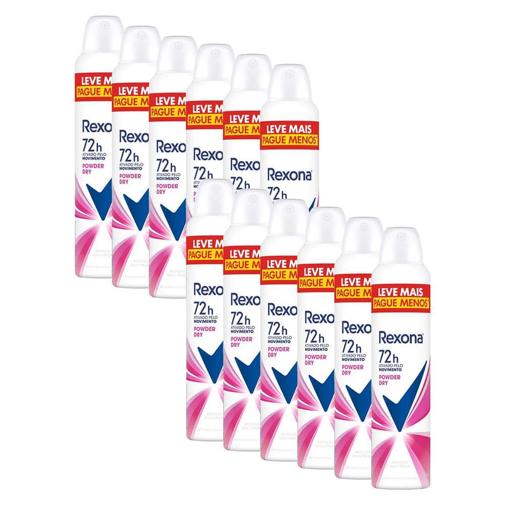 Kit com 12 Desodorantes Antitranspirantes Aerosol Feminino Rexona Powder Dry 72 Horas 250ml