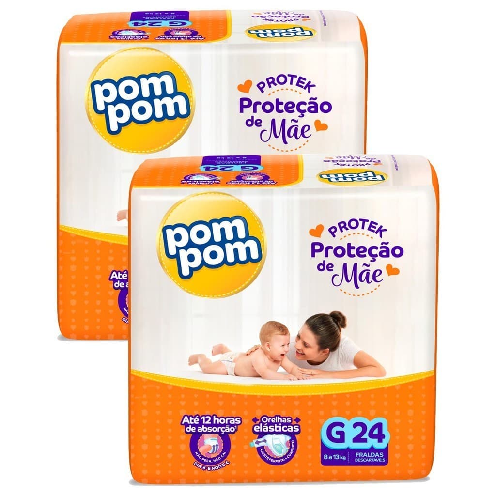 Kit 2 Fraldas Pom Pom Protek Proteção de Mãe Jumbo G com 24un cada