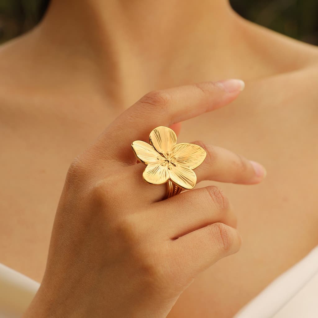 Vnox Flower Anel De Abertura Para Menina Feminina , 18K Gold Big Ring Jóias De Festa Em Aço Inoxidável