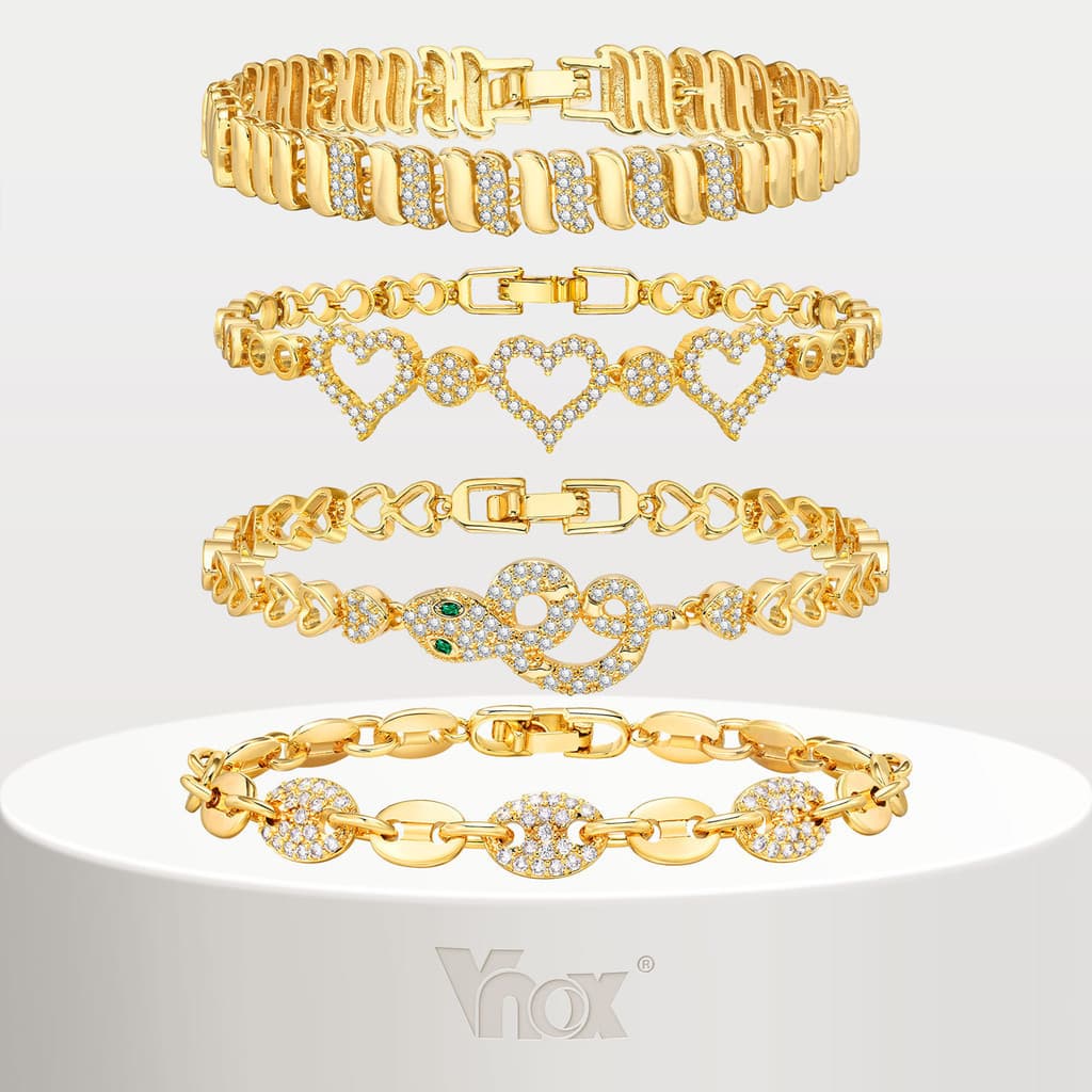 Vnox pulseira de palma White Cubic Zirconia Pulseira De Corrente De Clipes De Papel Cubano Para Mulheres 18k Gold Shiny Heart Infinity Bead Wedding Bracelet