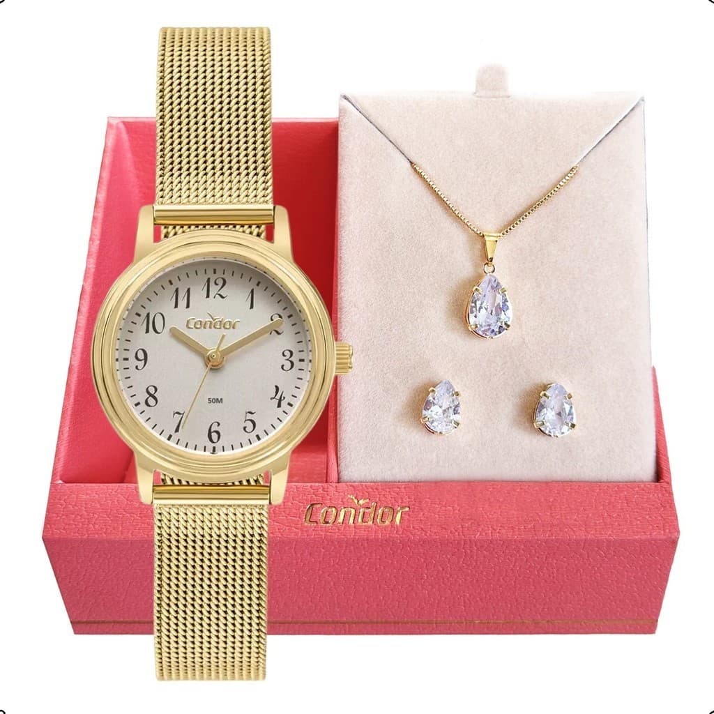 Relógio Feminino Condor Dourado Original  À Prova D’Água + Conjunto Colar e Brinco CO2035NCD/K4C Relógio Feminino