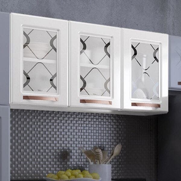Armário de Cozinha Aéreo Triplo em Aço 3 Portas de Vidro Mirage New Branco Branco