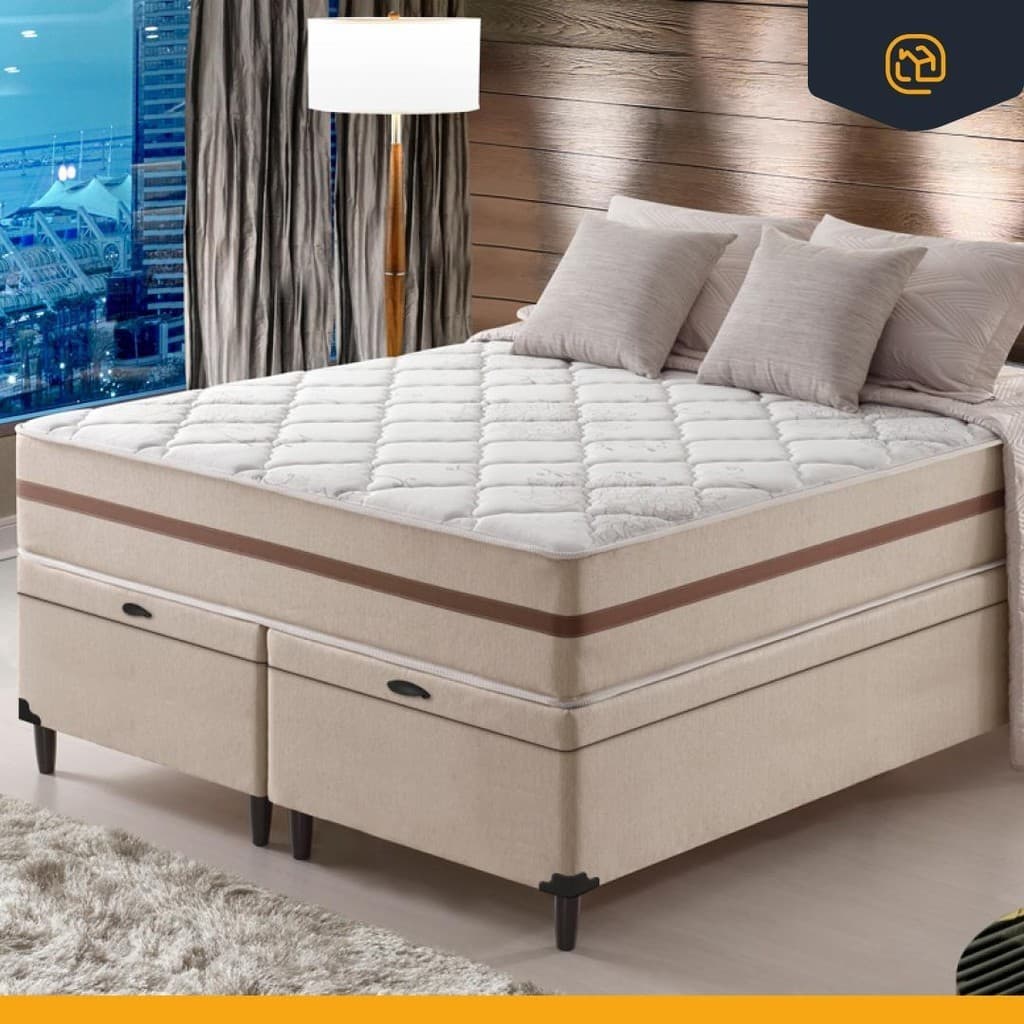 Cama Box Baú com Colchão de Molas Pocket Super King Classic King 193cm