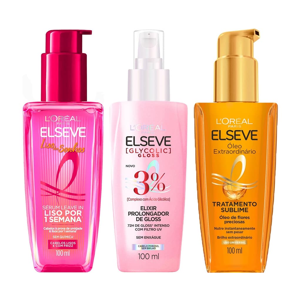 KIT C/3 ELSEVE ÓLEO EXTRAORDINÁRIO + SÉRUM LISO DOS SONHOS + SÉRUM GLYCOLIC GLOSS