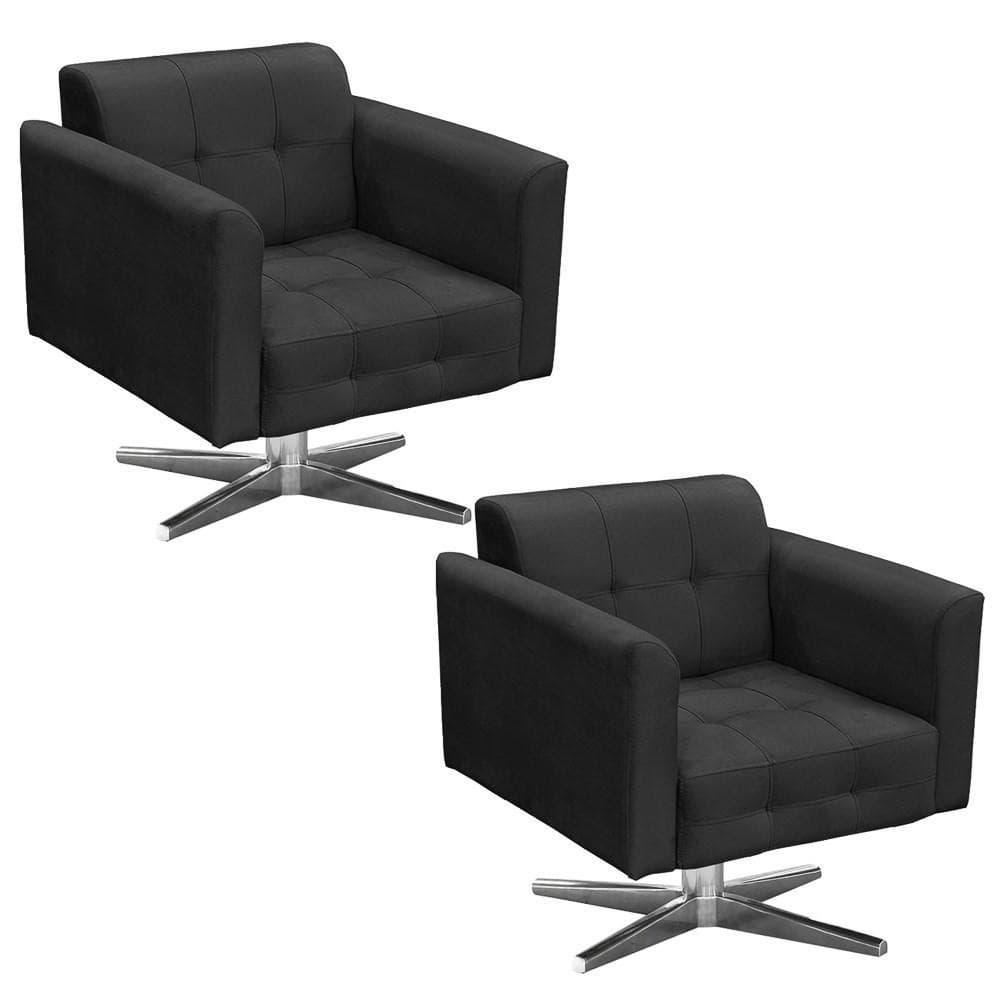 Kit 2 Poltronas Decorativas Sala de Estar Base Cromada Giratória Ana Suede Preto - Ibiza