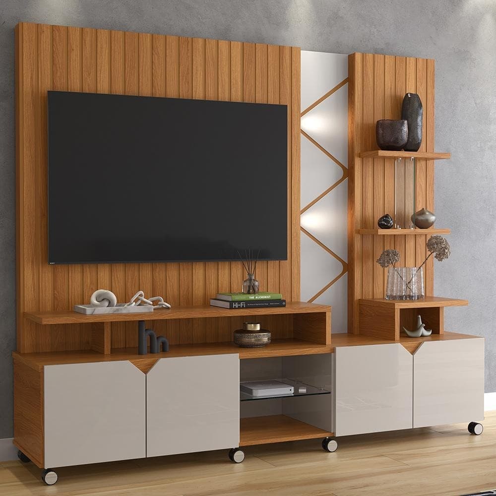 Home Para Tv Até 55 Polegadas 2,10m Led Frisado em Mdf 25mm Jequitibá Off White Lukaliam Móveis