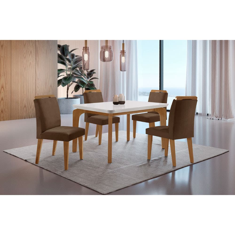Conjunto Sala de Jantar Mesa Liz 120cm MDF Canto Copo e 4 Cadeiras Athenas Moderna