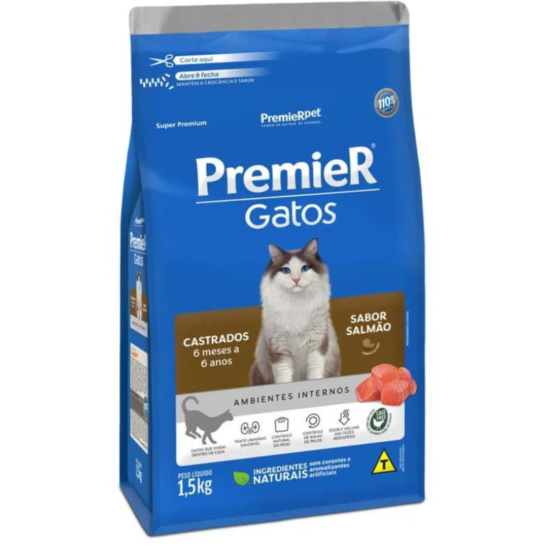 Ração PremieR Ambientes Internos gatos castrados até 6 anos salmão 1,5kg