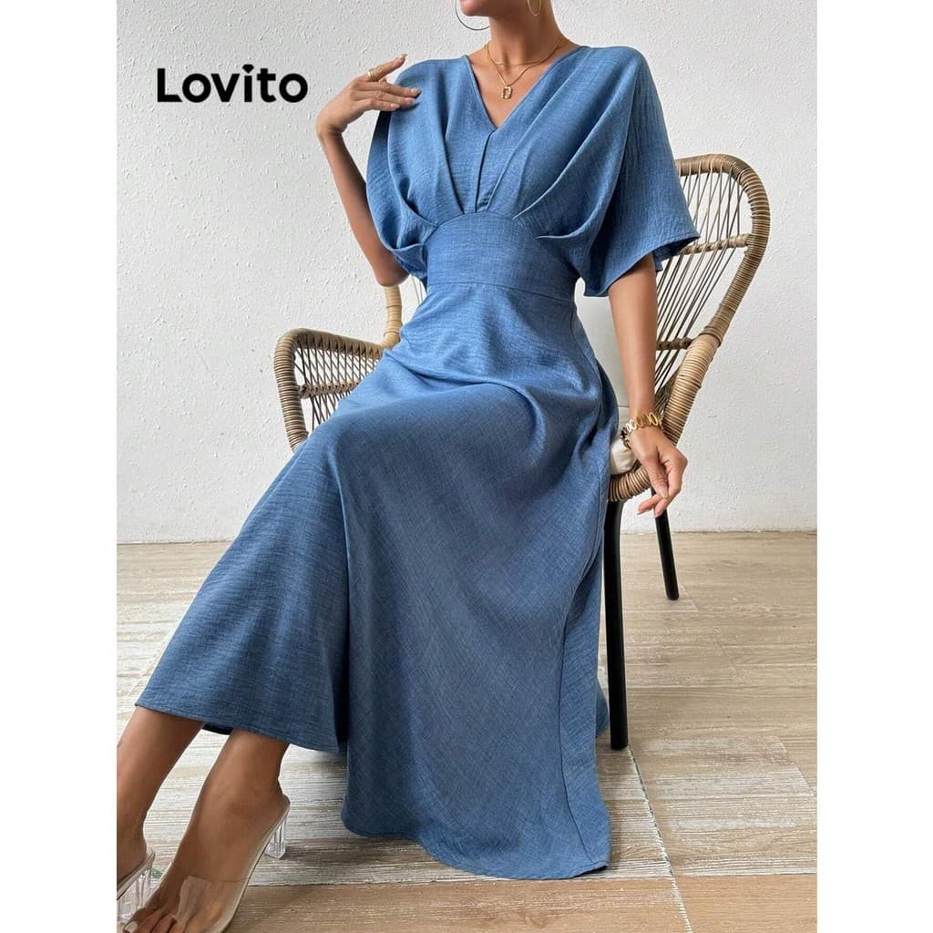 Lovito Azul Vestido Elegante Com Linha De Estrutura Plissada Vestido De Verão/Primavera Para Mulheres LNL83157