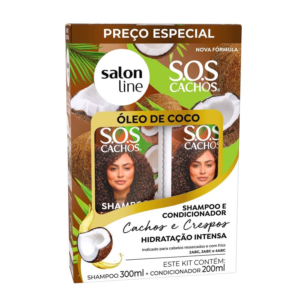 Kit Shampoo 300ml + Condicionador 200ml SOS Cachos Óleo de Coco