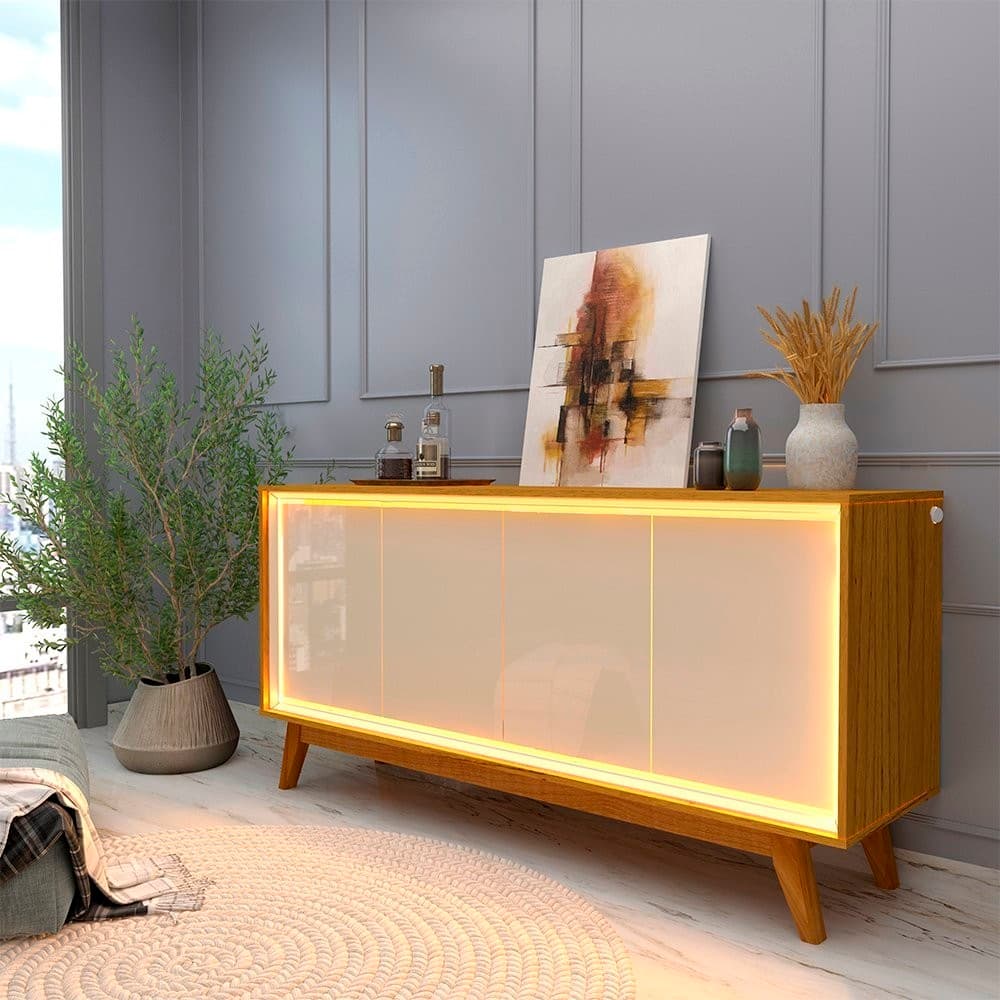 Buffet Aparador 4 Portas com LED 160cm Pés Madeira 100% MDF Marrom/Marrome/Off White