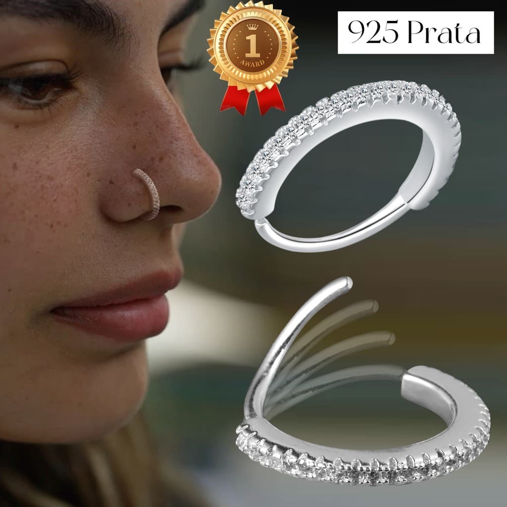 LOMISS Piercing Nariz Septo Prata 925 Cravejado Argola 28 pedras de Zircônia Helix Nostril Conch Daith 8/10mm