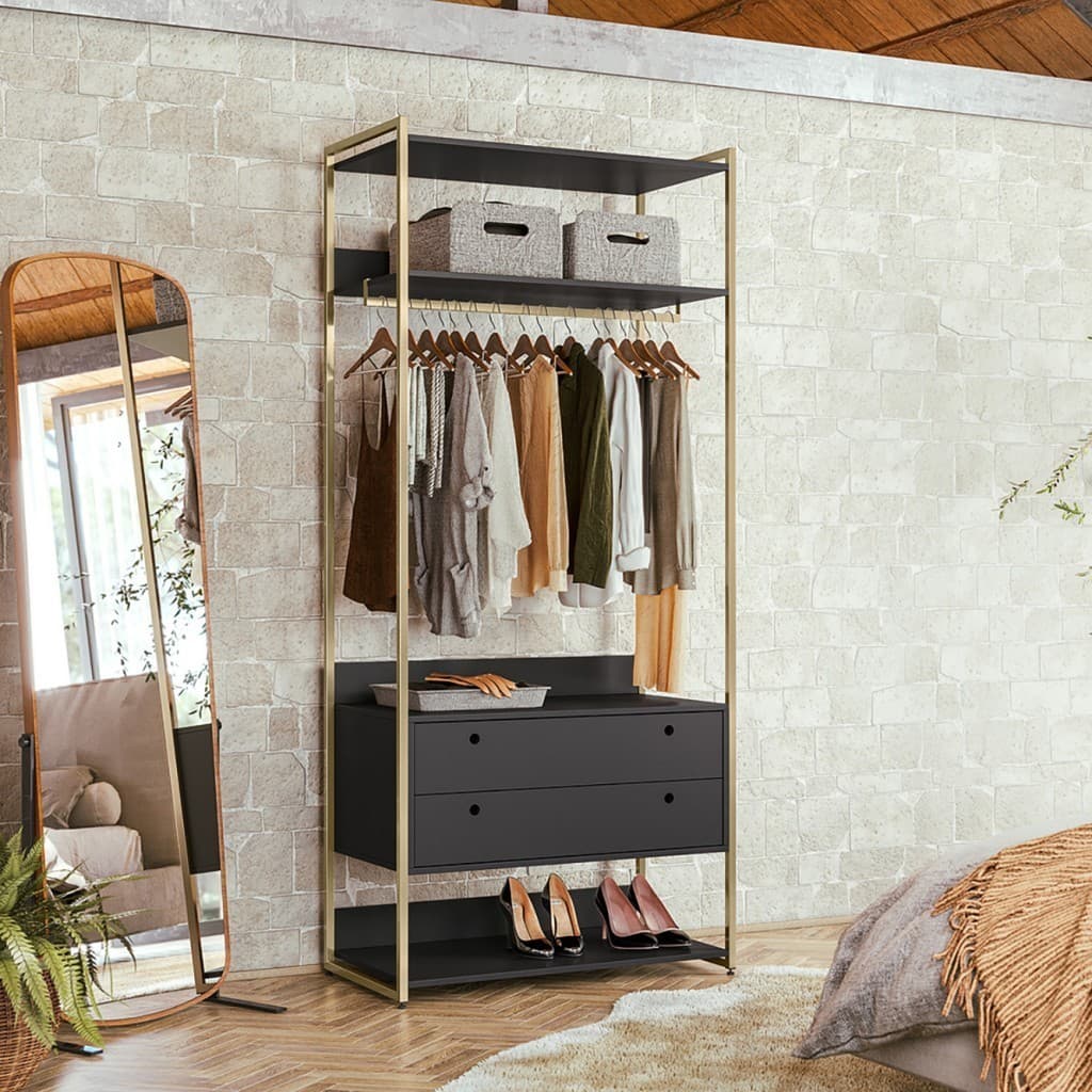 Guarda-Roupa Closet Industrial Olivar com Cabideiro 2 Gavetas 89cm - Preto