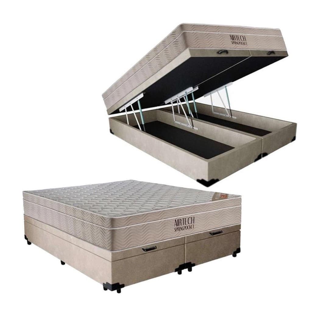 Cama Box Baú Queen + Colchão de Molas Ensacadas Ortobom Airtech Bege 158cm