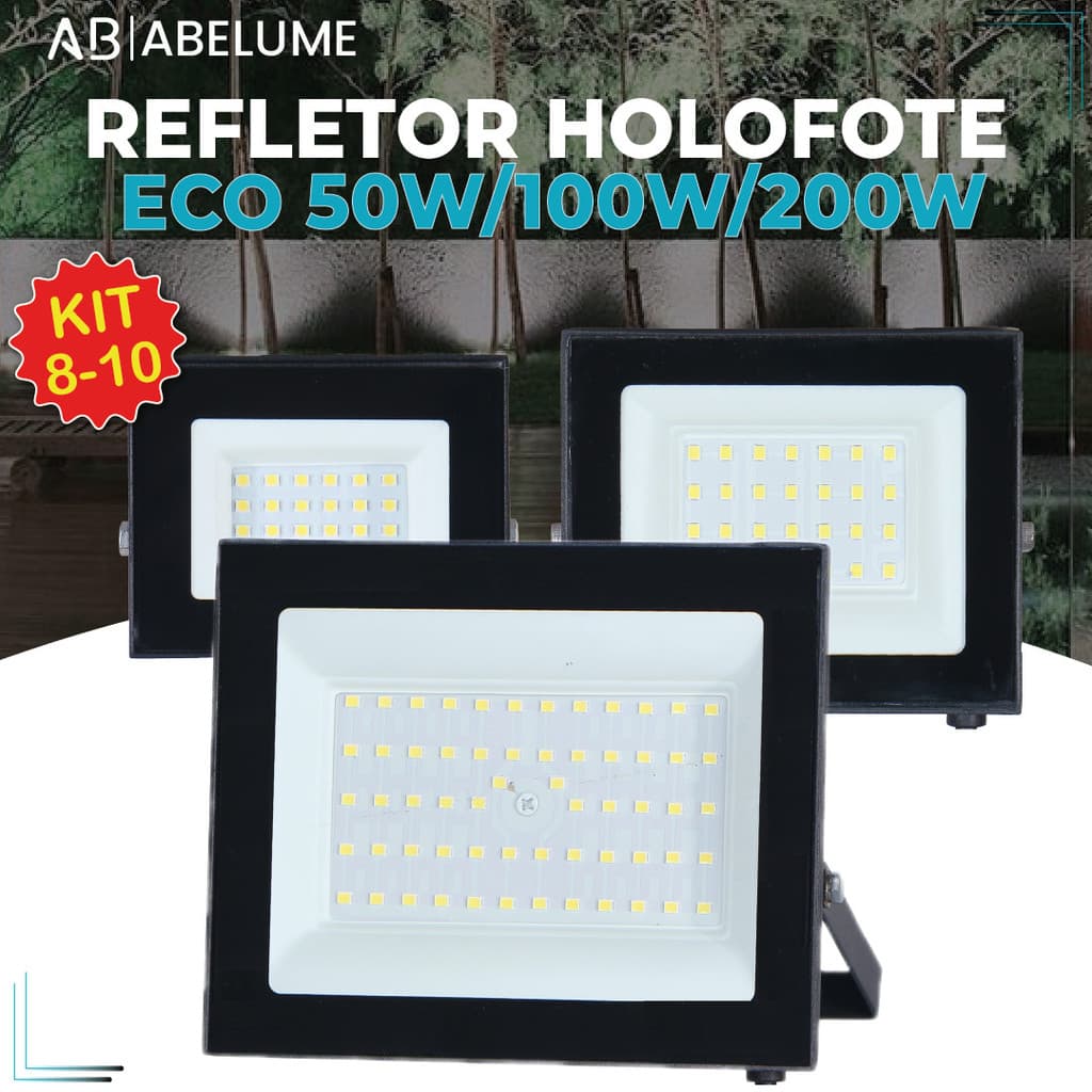 Kit 10 Holofote Refletor Led ECO Pro 200W 100W 50W Luz Fria 6500K IP65 Bivolt Iluminação Externa