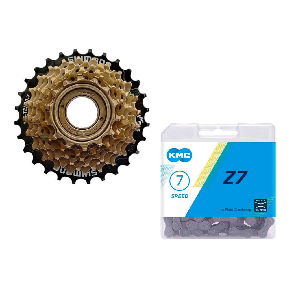 CATRACA / RODA LIVRE SHIMANO TOURNEY MF-TZ500 14/28D 7V + CORRENTE KMC Z7 116 ELOS - P/ CUBO DE ROSCA