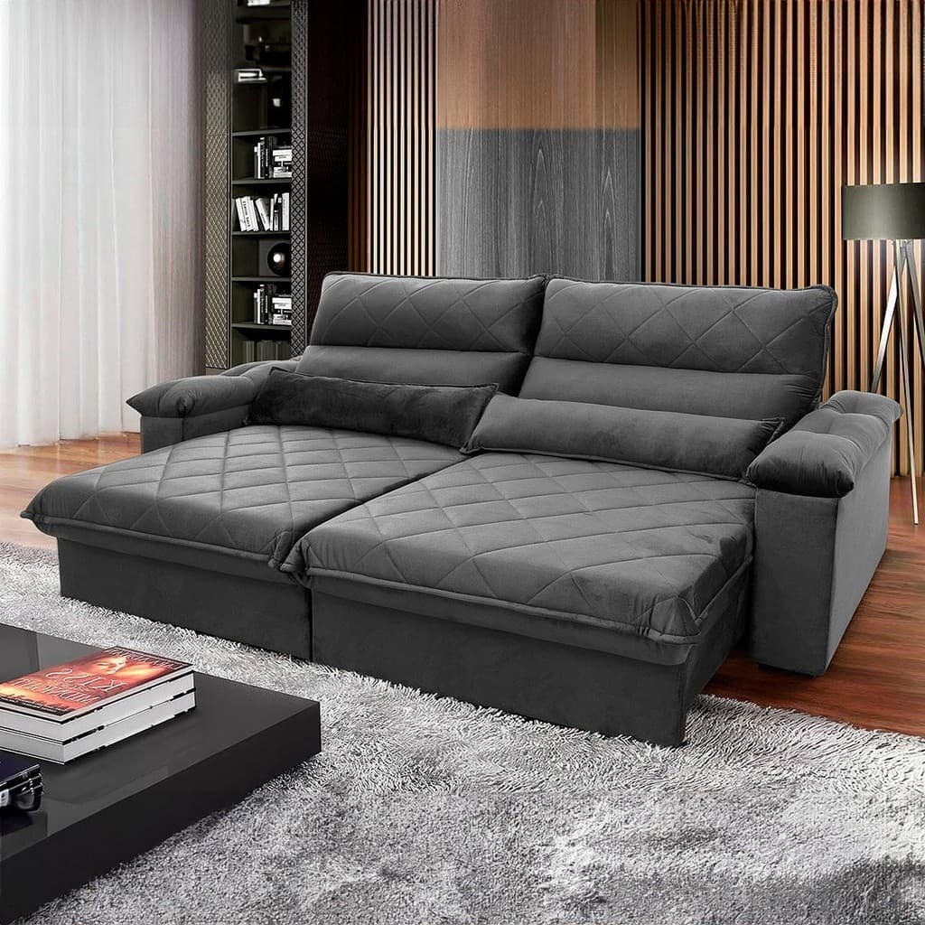 Sofá Retrátil Reclinável Grécia 2,50m Suede Velut Cinza  Molas no Assento - King House