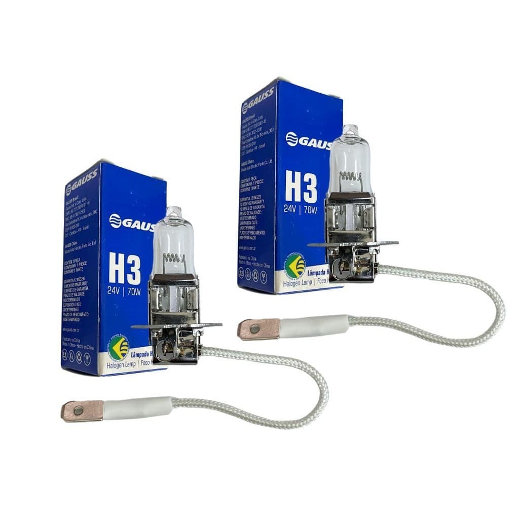 Par Lâmpada H3 Halógena 24v 70W Farol Alto Neblina Universal Gauss GL45H3