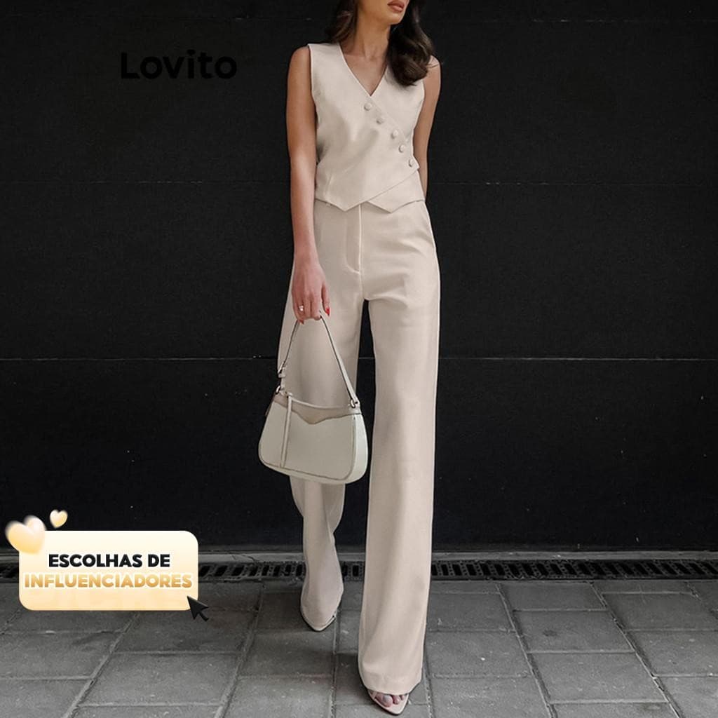 (KOL‘s pick) Lovito Elegante Conjunto de Calça Assimétrica com Botão Simples para Mulheres LNL35035 (Damasco/Preto)