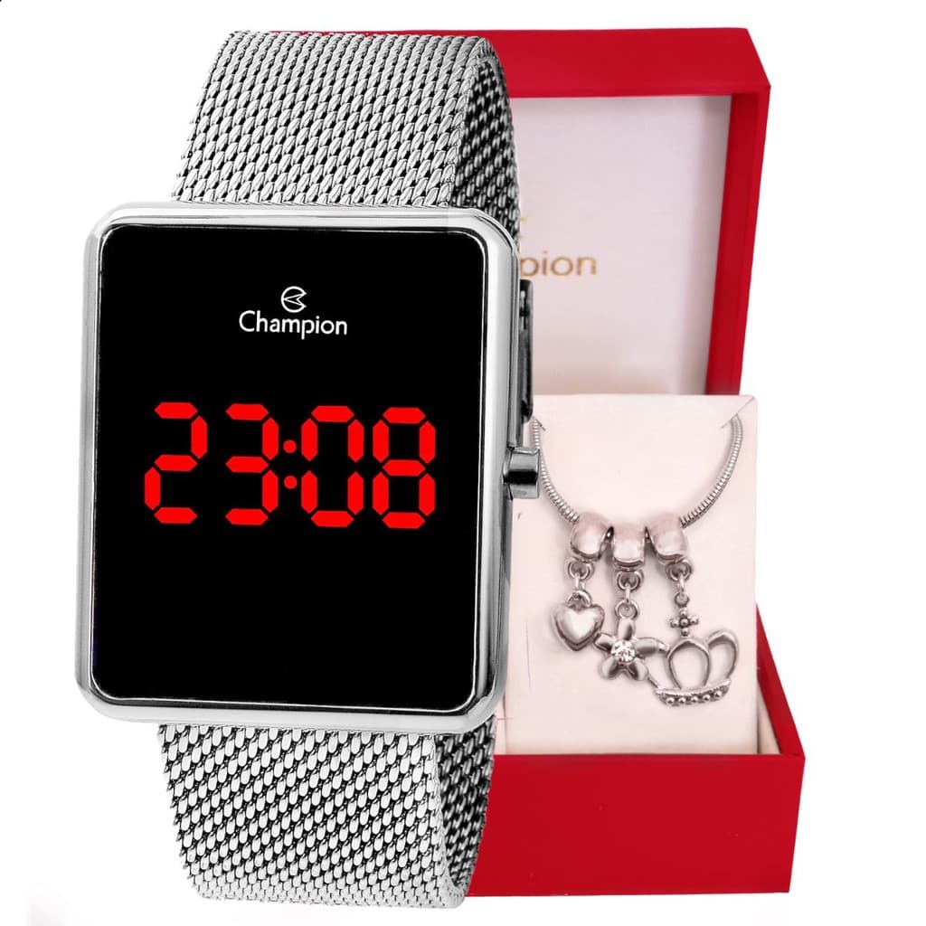 Relógio Digital Feminino  Quadrado Prata CH40083T + Pulseira Berloques Relógio De Pulso