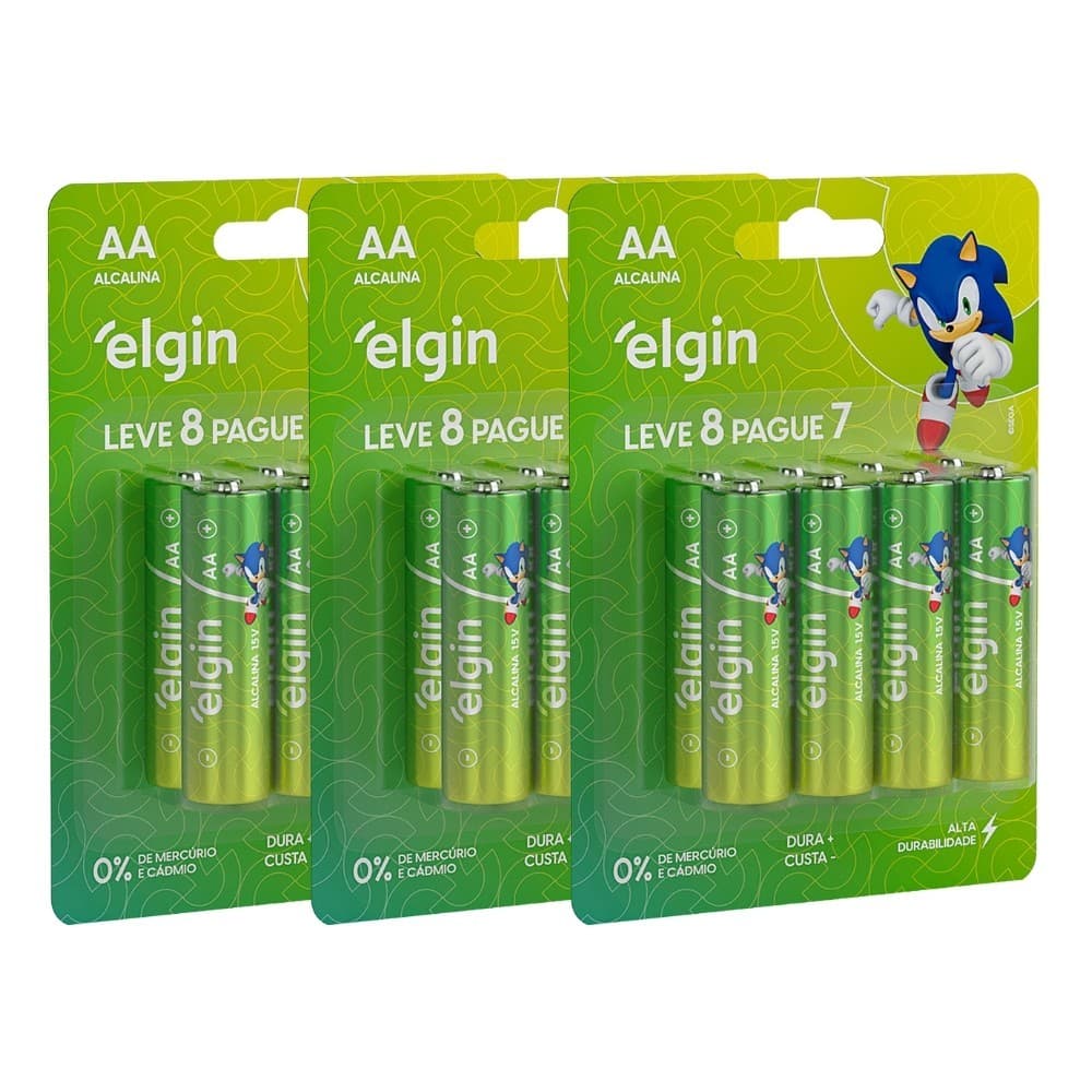 24 Pilhas Alcalina Aa Pequena 2a 1,5v LR6 3 Blisters Elgin