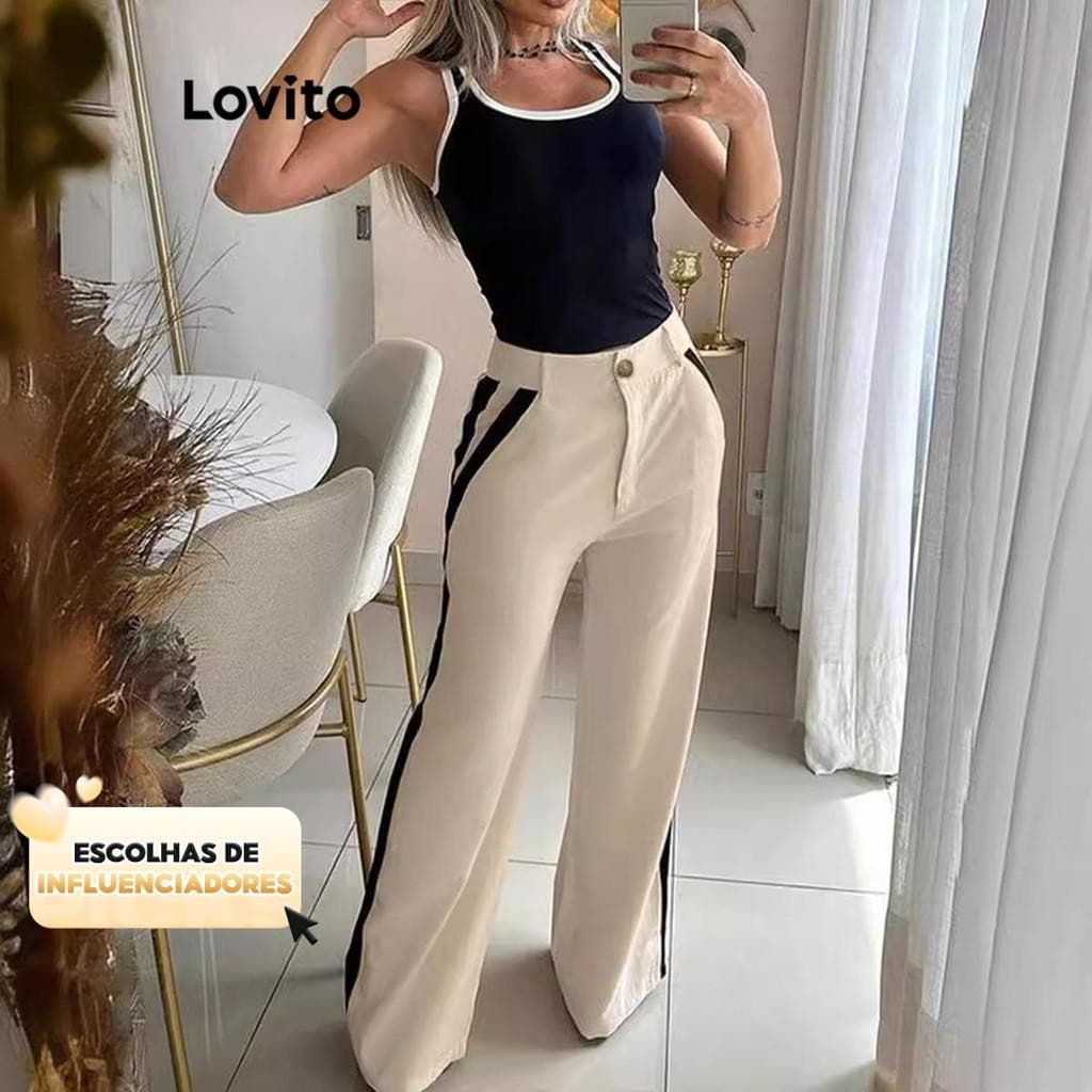 (KOL‘s pick) Lovito Conjuntos elegantes de calças com encadernação em contraste simples para mulheres LNL67157
