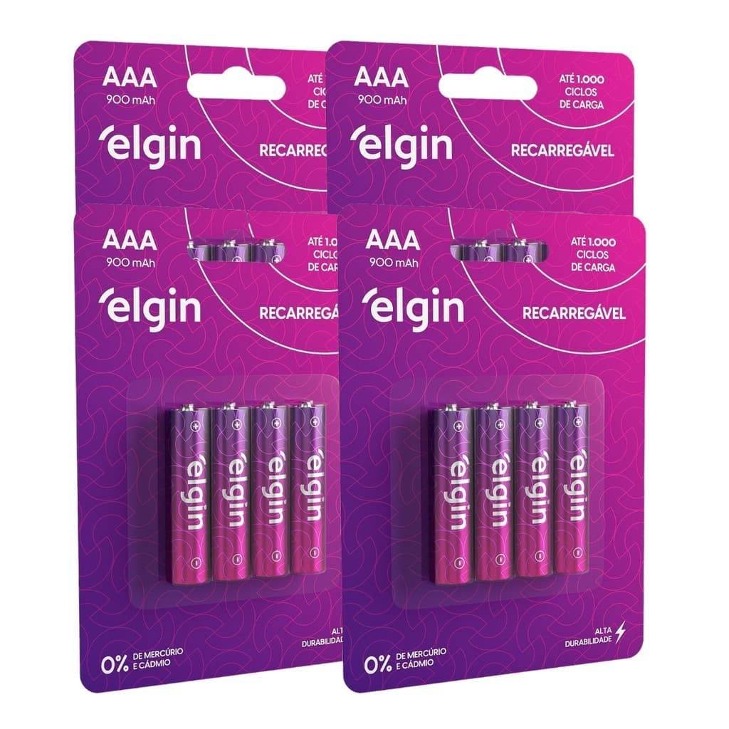 16 Pilhas Recarregável Aaa 3a Palito 900mah 4 Cartelas Elgin