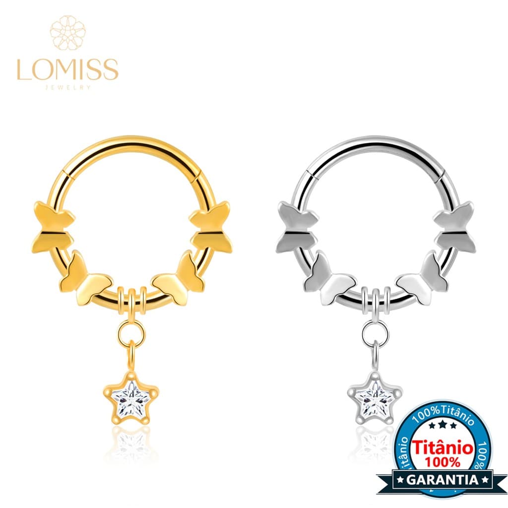 Piercing Argola Titânio Helix Septo Conch Rook Segmento Articulado Borboletas Com Pingente Estrela