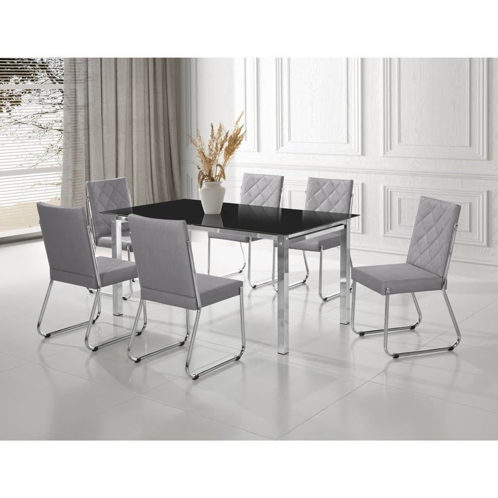Conjunto Sala de Jantar Mesa Ortenia Tampo Vidro com 6 Cadeiras Dinah New Cinza/Cromado Cromado/Cinza Claro