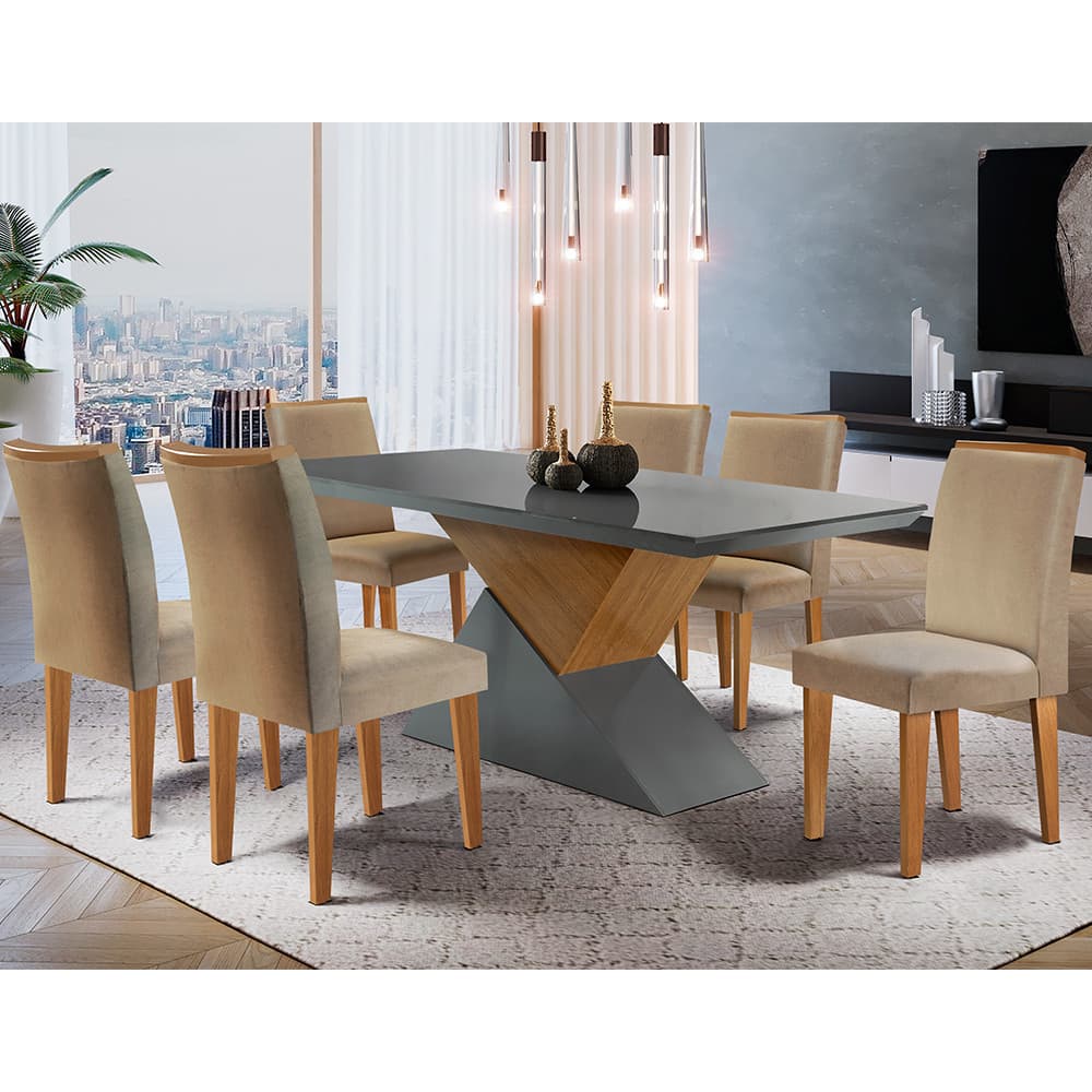 Sala de jantar Aster 180 Tampo em MDF Canto Reto com 6 Cadeiras Lunara Moderna