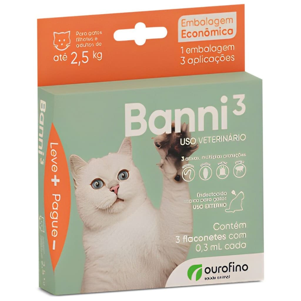 Banni 3 Antipulgas p/ Gatos até 2,5kg 0,3 ml C/3 Flaconetes