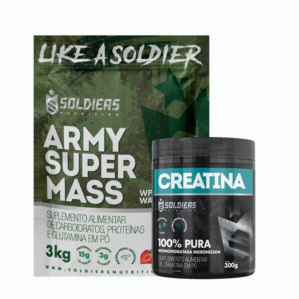 Kit Hipercalórico Army Super Mass 3kg + Creatina 300g 100% Pura - Soldiers Nutrition