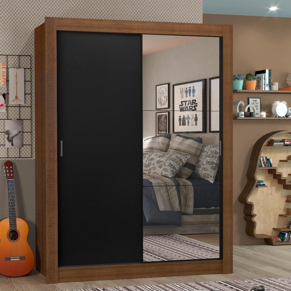 Guarda-Roupa Solteiro Madesa Denver 2 Portas de Correr com Espelho - Rustic/Preto