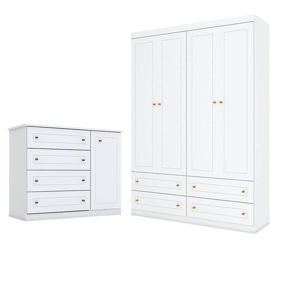 Cômoda E Guarda Roupa Infantil Americano 4 Portas Branco Hp - Henn
