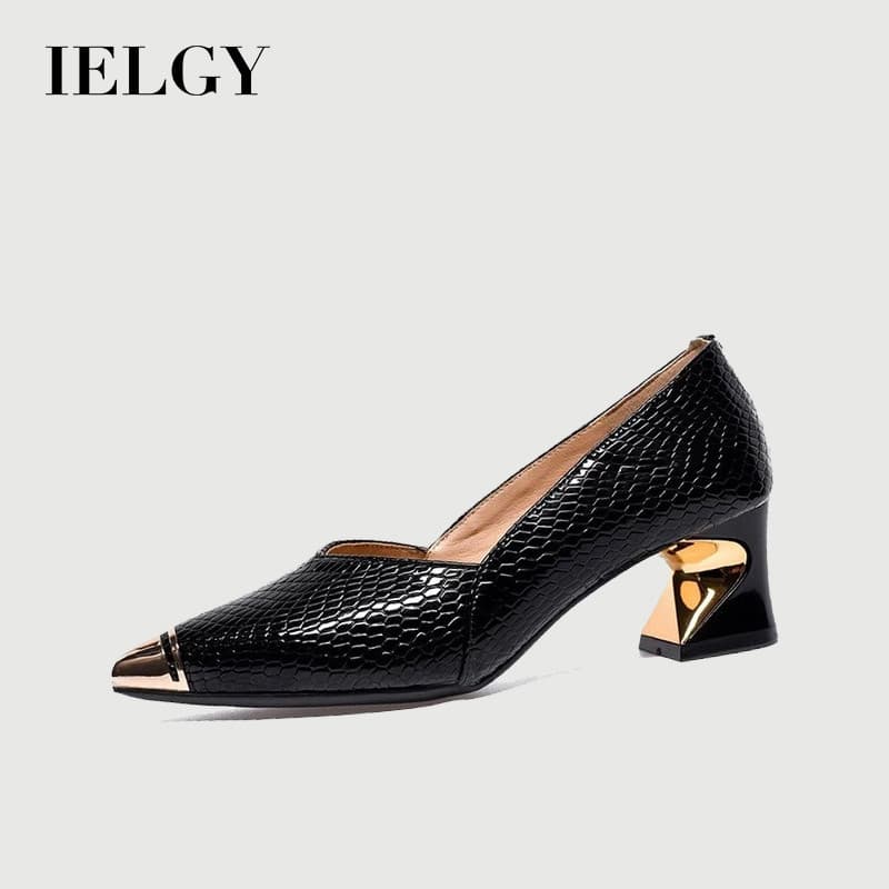 Sapatos Femininos De Couro Com Salto Bloco Francês IELGY Bico Fino De Metal