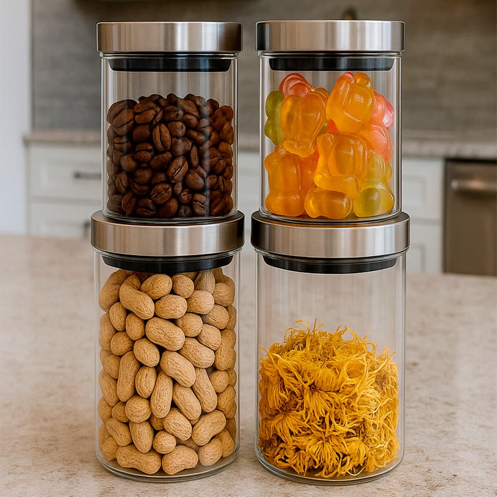 Conjunto 4 Potes Vidro 2x600ml 2x950ml Tampa Inox Belovidro
