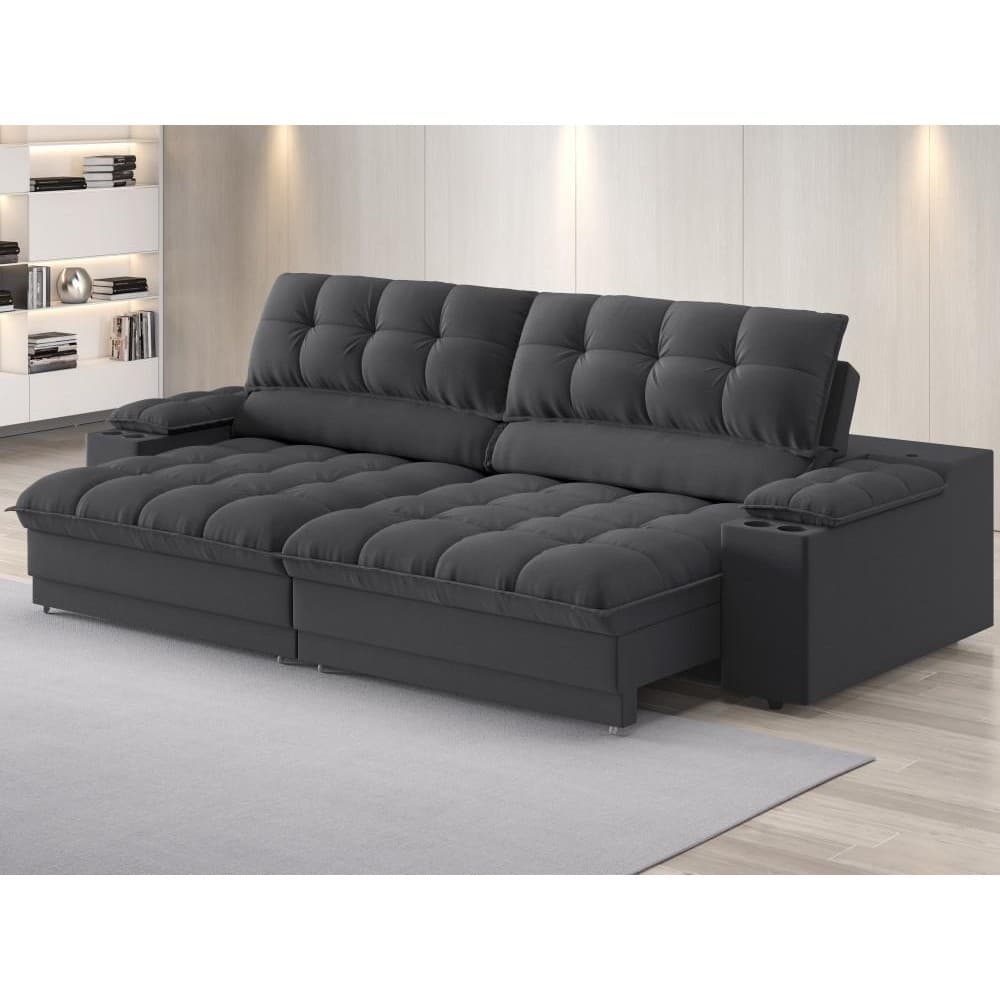 Sofá com Porta Copos e Carregador USB Ret Rec Luke 2,50m Linho Soft - NETSOFAS