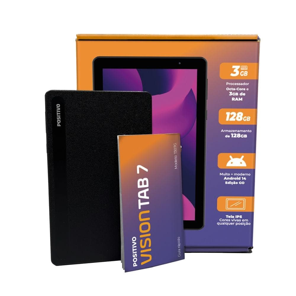Tablet Positivo Vision TAB 7 3GB RAM 64GB Octa-Core Android 14 Go Wi-Fi - Tela 7” IPS – 3100mAh