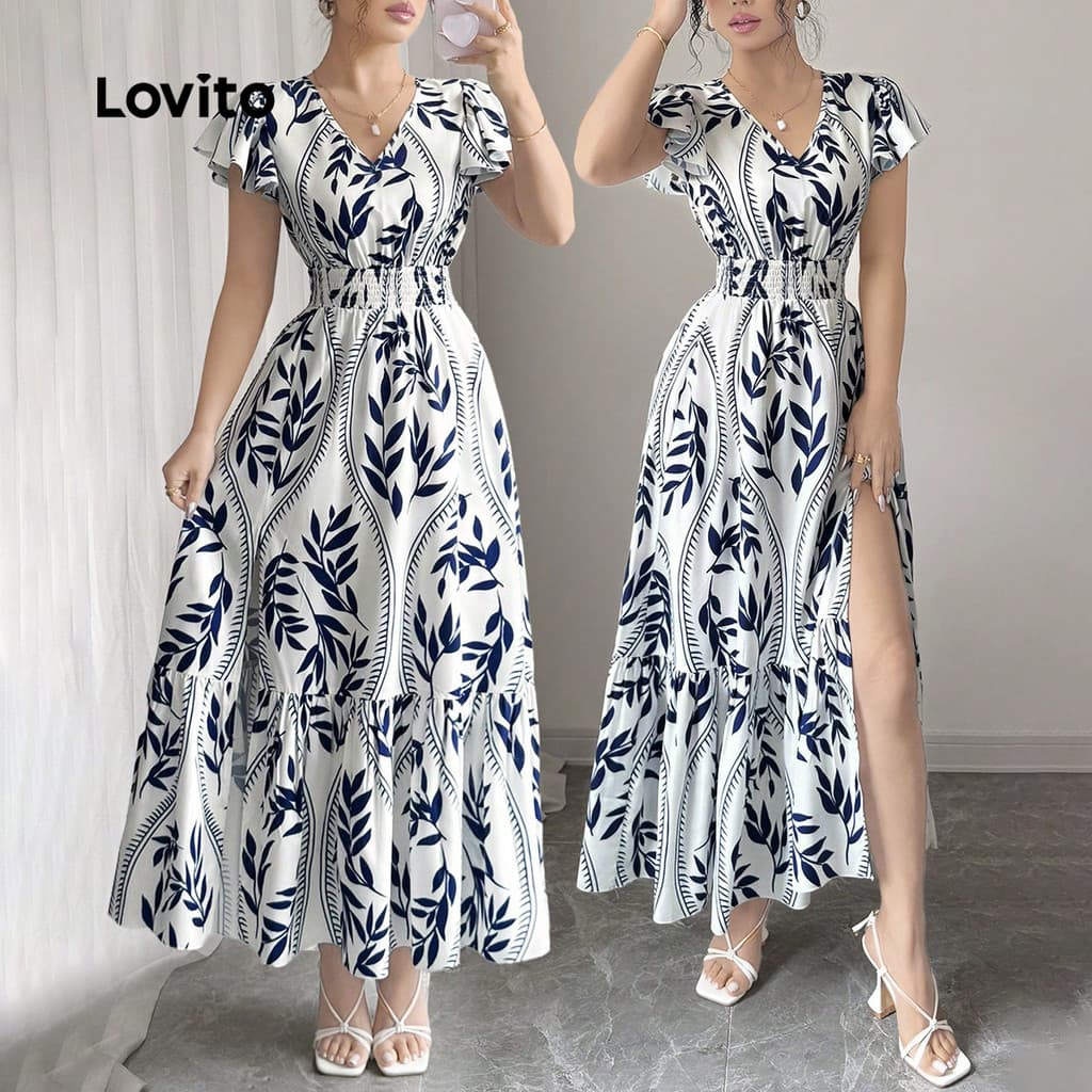 (Trendy) Lovito Vestido Férias com Estampa de Flores Abertura Frontal Macio e Confortável Primavera/Verão L145ED029