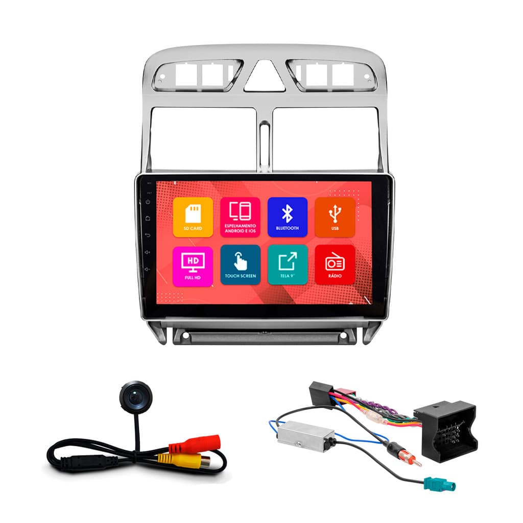 Kit Multimidia 9 Pol Peugeot 307 2002 03 A 11 2012 Espelhamento Android Ios 2 Din Prata Acabamento Pisca Alerta Botões