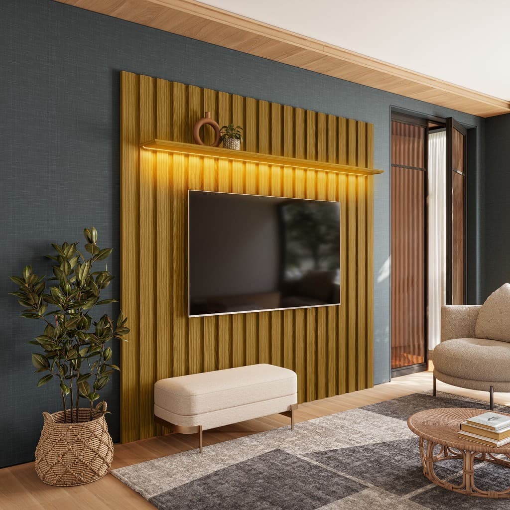 Painel TV 70 Polegadas London Ripado com LED Painel Suspenso Sala Moderna Decorativo - Olivar Móveis