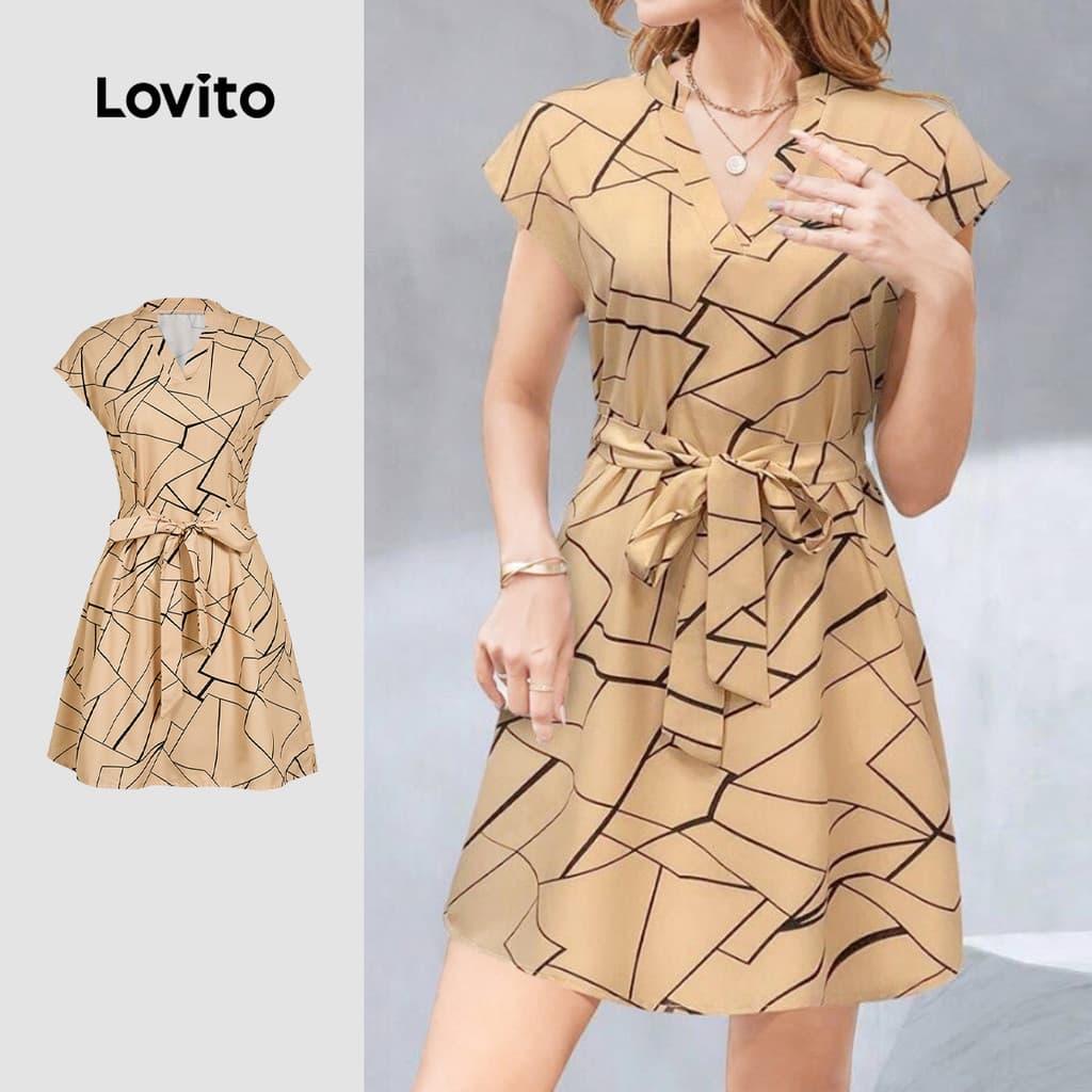 Lovito Casual Vestido Geométrico com Laços Primavera/verão Caqui para Mulheres Bordado L143ED121