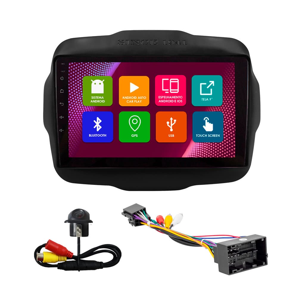 Kit Multimídia 9 Pol Jeep Renegade 2015 16 17 18 19 2020 2021 2022 2023 Android 2Gb Ram 32Gb Flash Quad-Core 2 Din Preto
