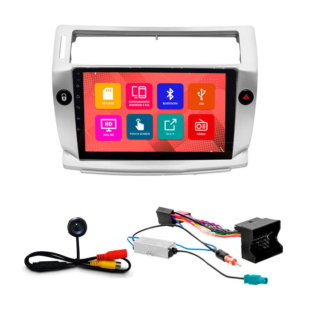 Kit Multimidia 9 Pol C4 Pallas 2008 2009 2010 2011 2012 2013 2014 2015 2016 Espelhamento Android Ios 2 Din Prata