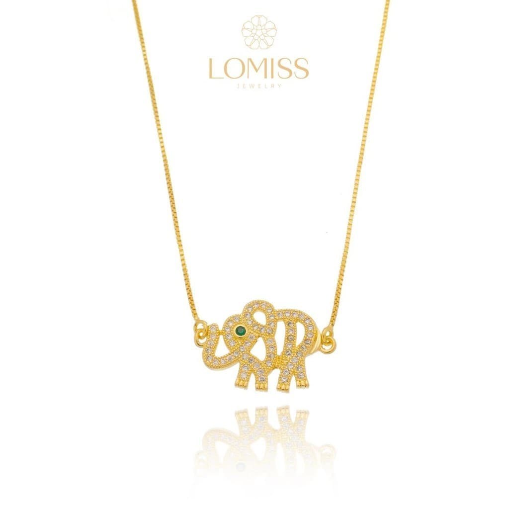 Colar  Delicado Feminino Pingente De Elefante Com Pedras Preciosas Douradas Folheado a Ouro 18k Elefante Zircônia Cravejada