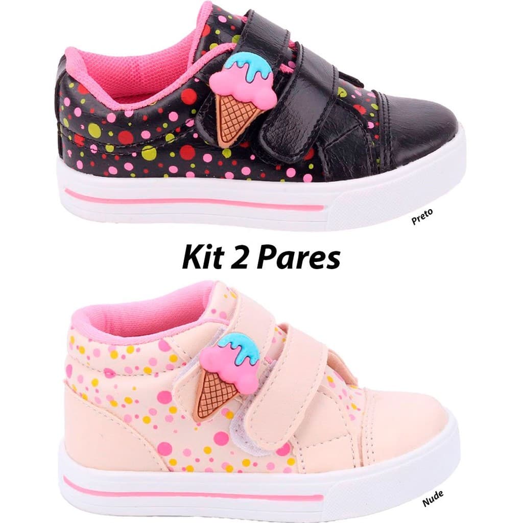 Kit 2 Pares Tênis Infantil Feminino Sorvetinho Bee Happy– Off White e Preto