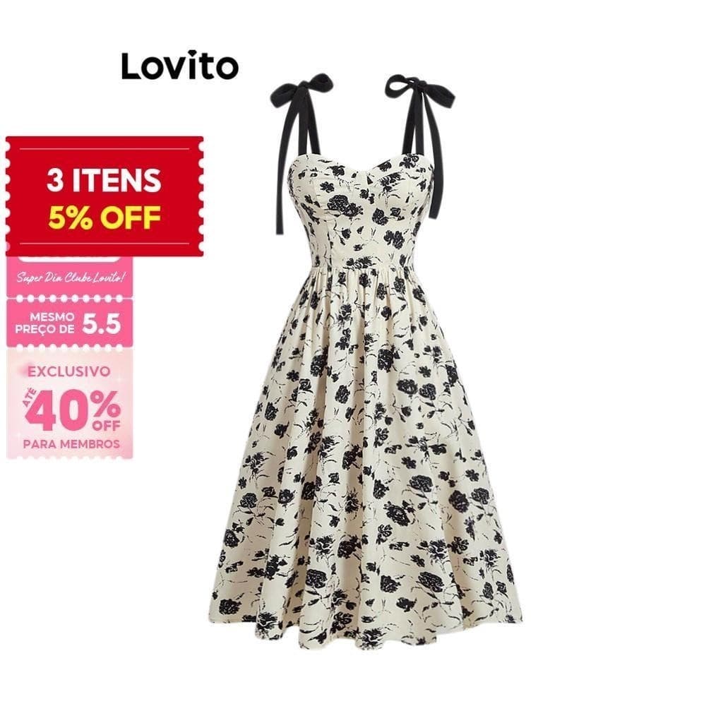 (Casual) Lovito Vestido Floral Drapeado Com Gravata Frontal Para Mulheres L76AD189 (Multicolorido)