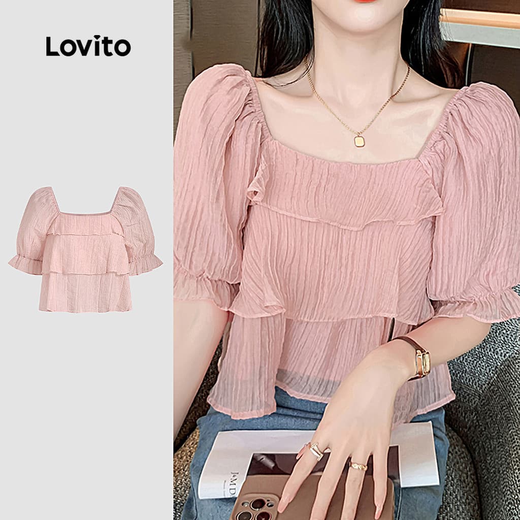 (Casual) Lovito Blusa de Camadas com Jacquard e Babados Primavera/verão Blusa Rosa para Mulheres L142ED090
