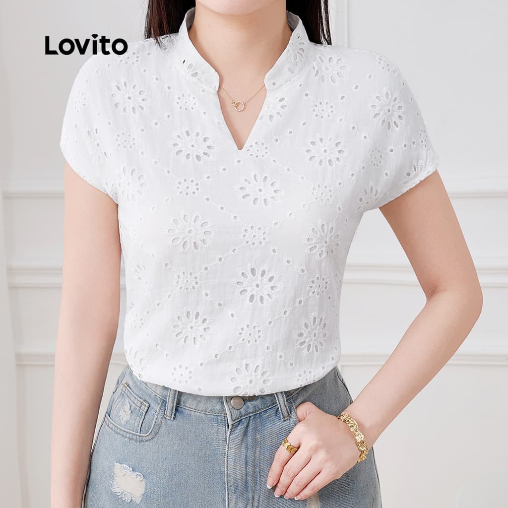 (Elegante) Lovito Blusa de Renda com Olhetas para Primavera/verão para Mulheres L143ED038